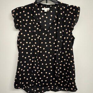 Tamara H. Small Black Blouse with Tan Spots and Ruffle Sleeve Accent